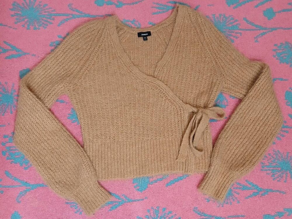 Express womens small faux wrap sweater wool nylon super soft tan caramel Cognac